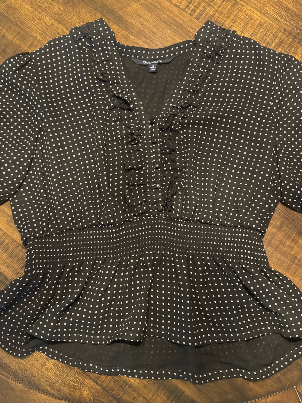Chadwicks Black Polka Dot Ruffle Peplum Top